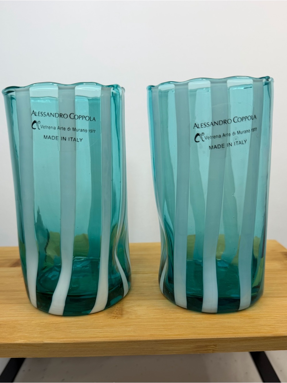 Alessandro Coppola Arte di Murano Italy Aqua/ Teal Glass Tumblers Set of 2 NWT